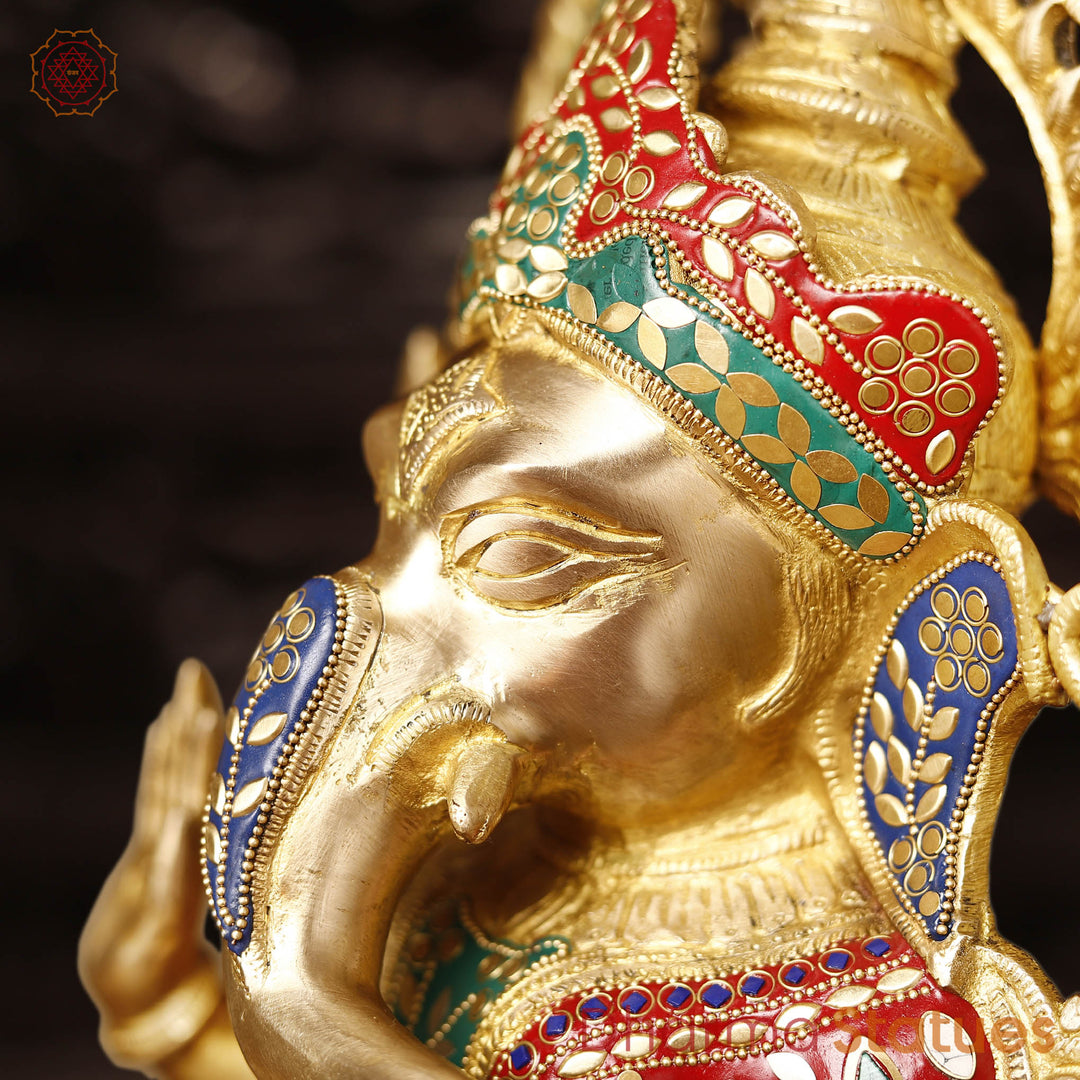 Brass Ganesh Sitting With Rat frame, Golden & Stone Work, 20"