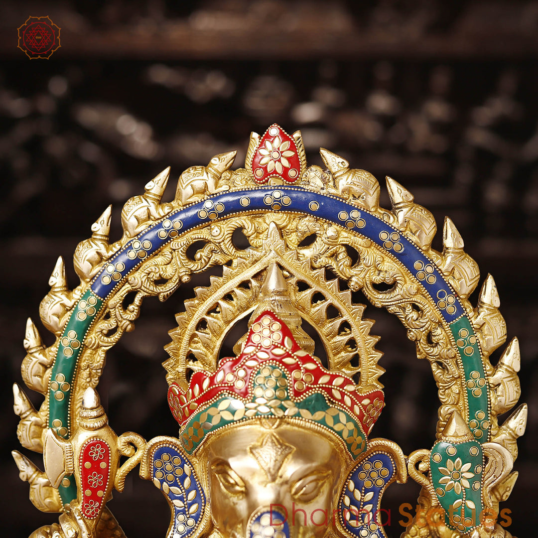 Brass Ganesh Sitting With Rat frame, Golden & Stone Work, 20"