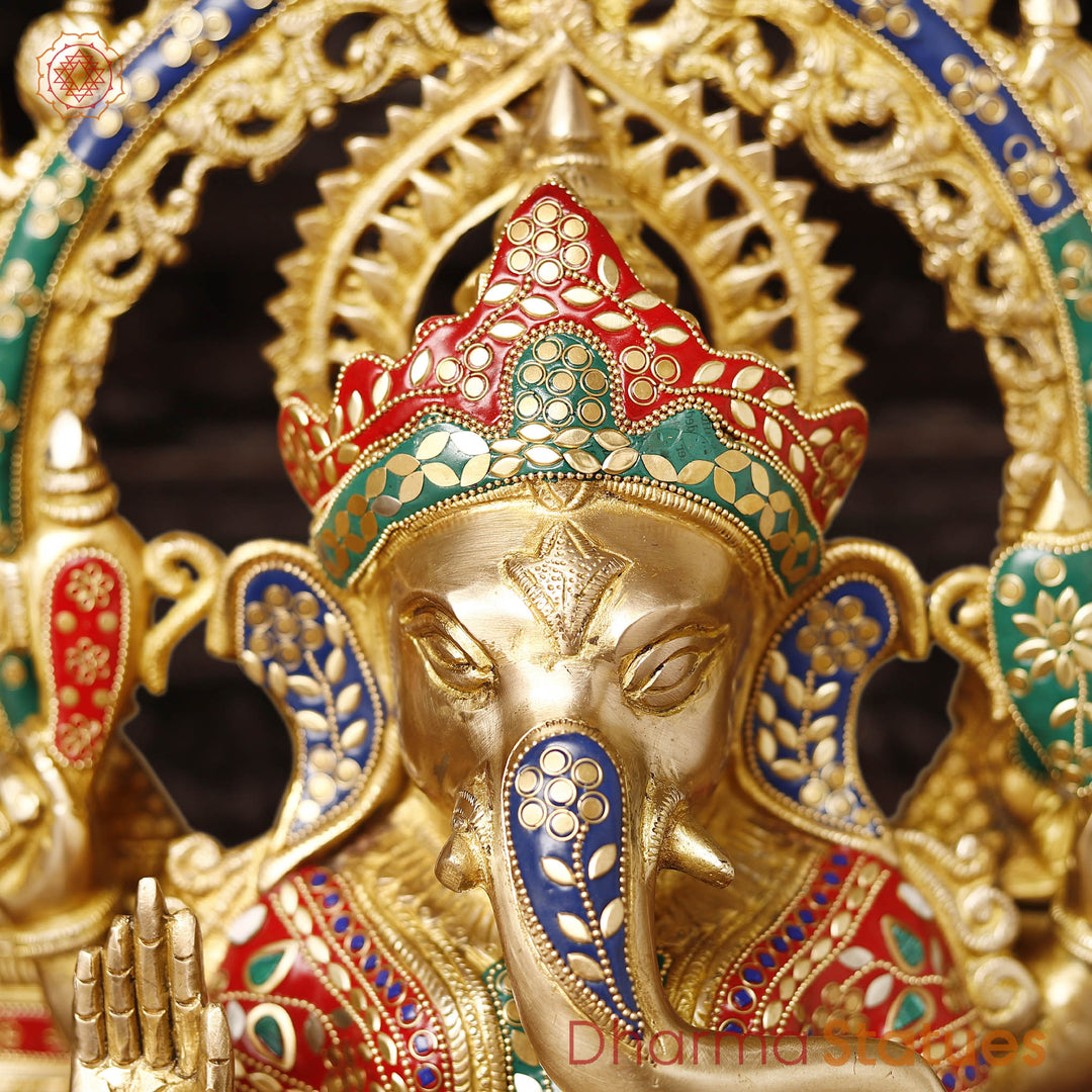 Brass Ganesh Sitting With Rat frame, Golden & Stone Work, 20"