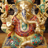 Brass Ganesh Sitting With Rat frame, Golden & Stone Work, 20"