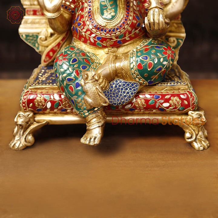 Brass Ganesh Sitting With Rat frame, Golden & Stone Work, 20"