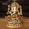 Brass Ganesh Sitting Fine Finish, Stone Work, 15" Front View