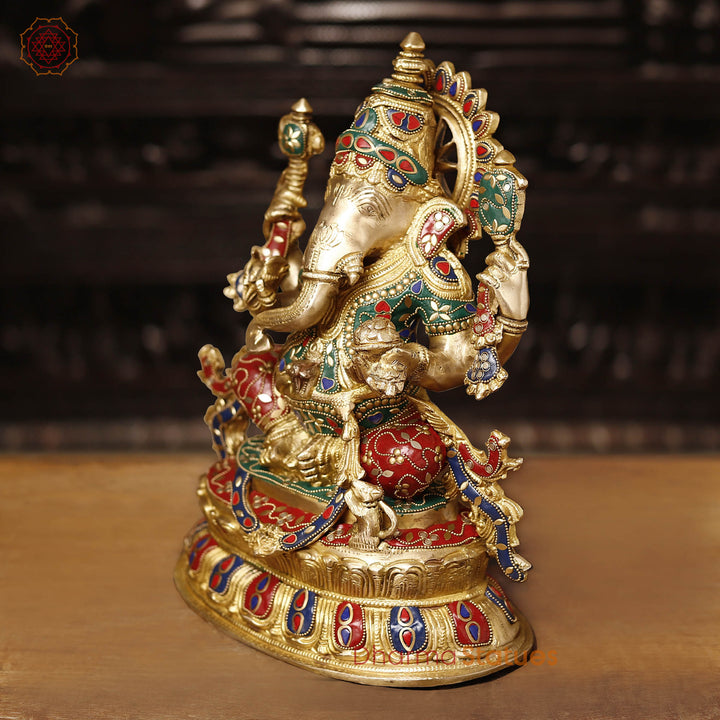 Brass Ganesh Sitting Fine Finish, Stone Work, 15"