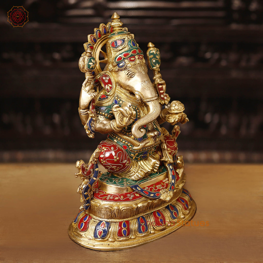 Brass Ganesh Sitting Fine Finish, Stone Work, 15"