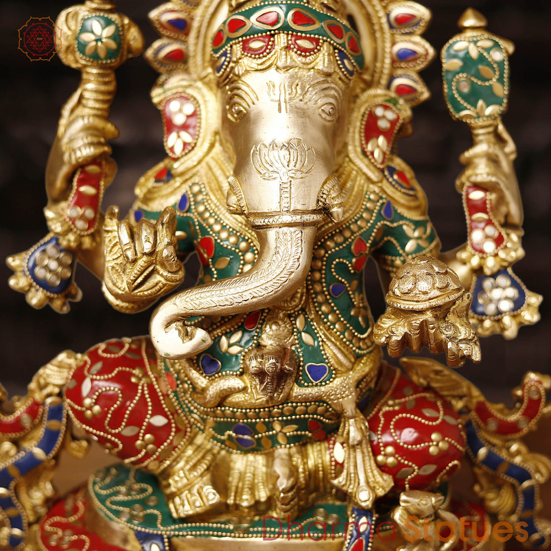 Brass Ganesh Sitting Fine Finish, Stone Work, 15"