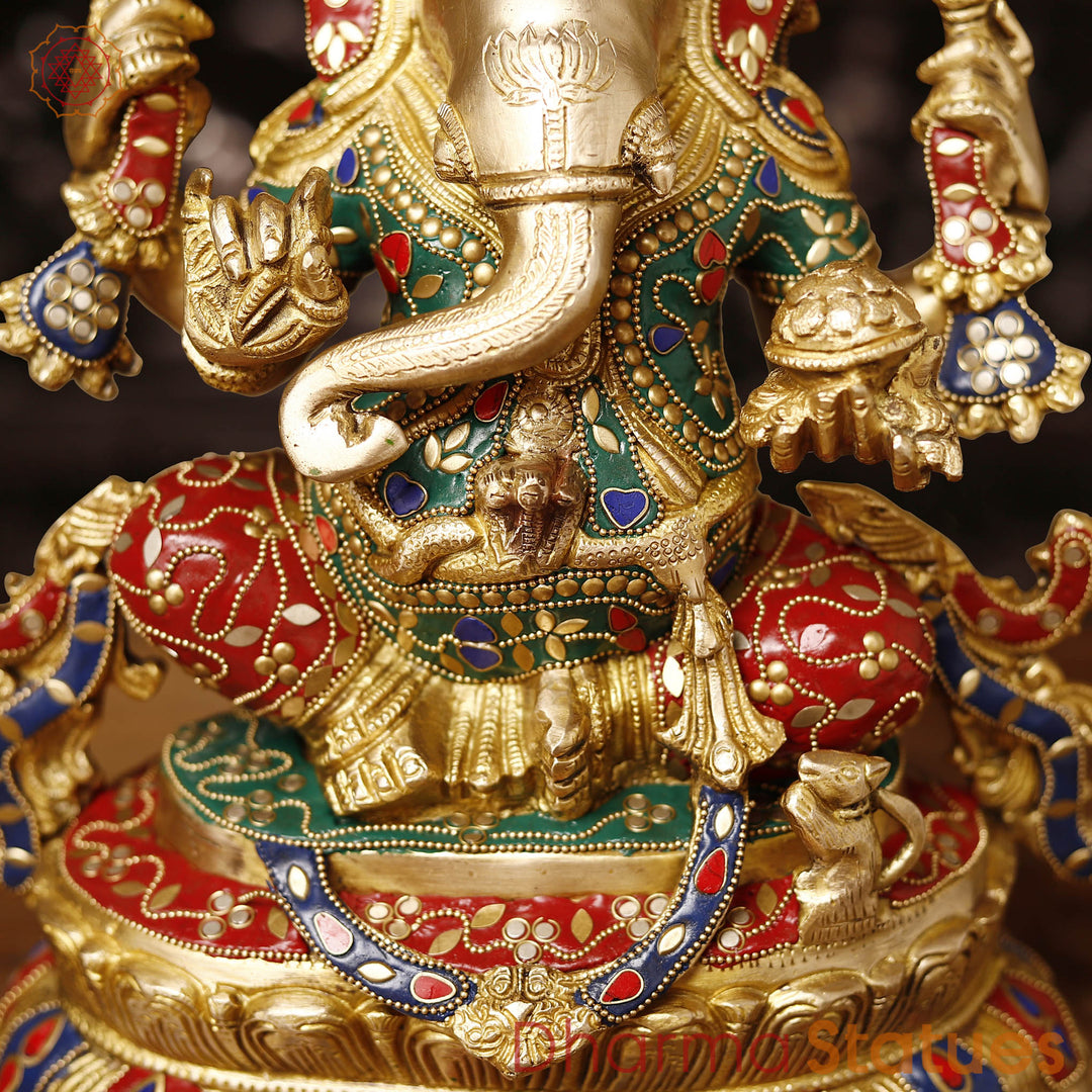 Brass Ganesh Sitting Fine Finish, Stone Work, 15"