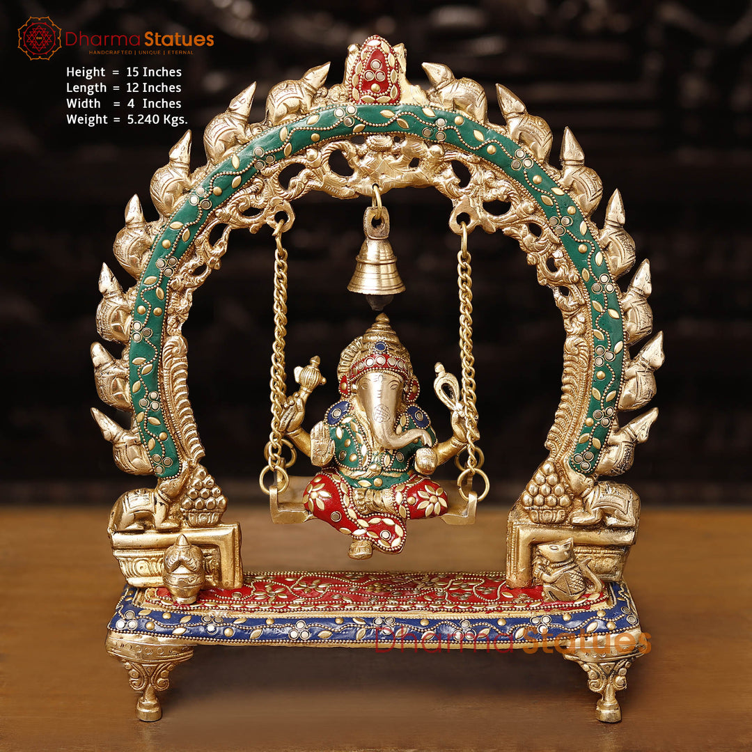 Brass Ganesh Jhula on Swing with Bell, stone work, 15" Front View