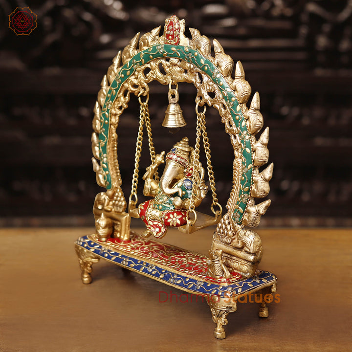 Brass Ganesh Jhula on Swing with Bell, stone work, 15"