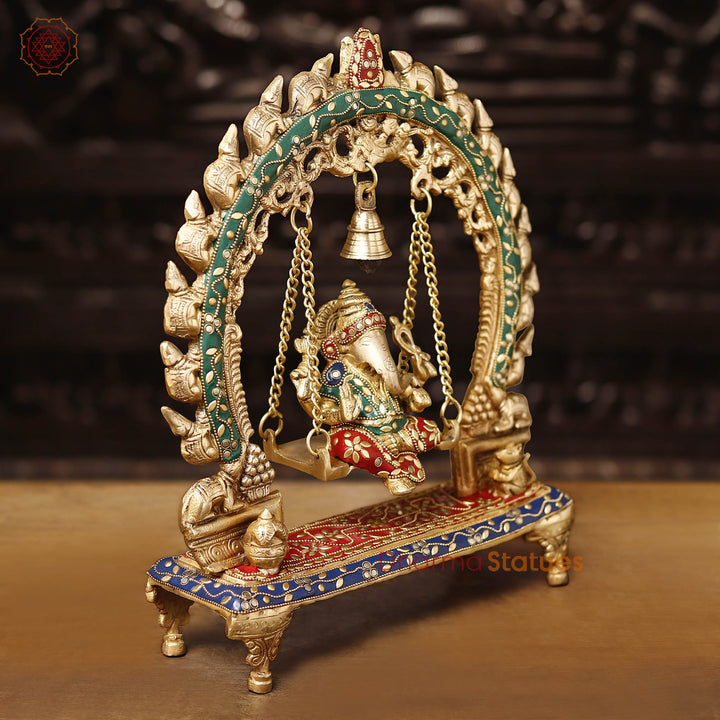 Brass Ganesh Jhula on Swing with Bell, stone work, 15"