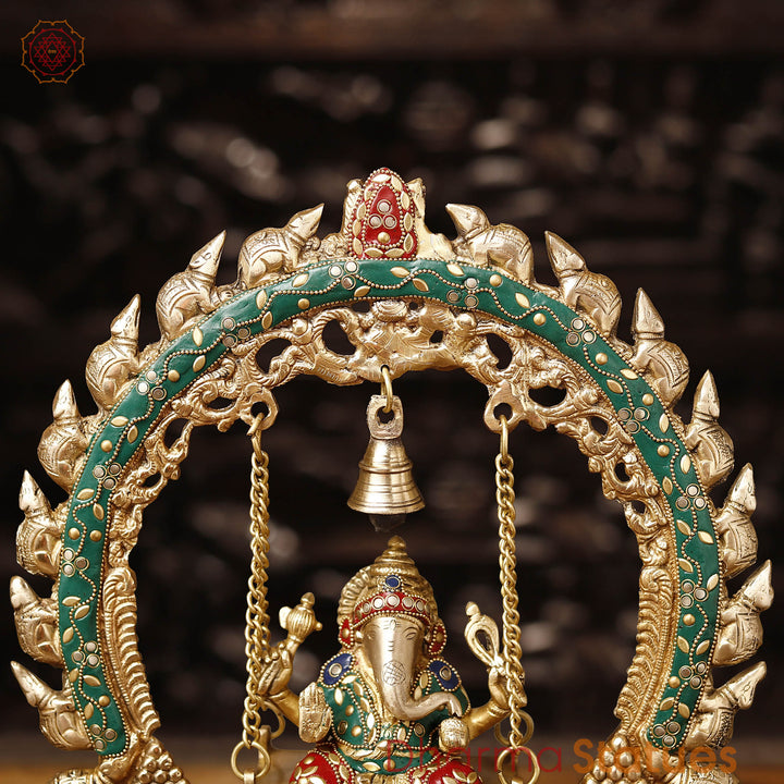 Brass Ganesh Jhula on Swing with Bell, stone work, 15"