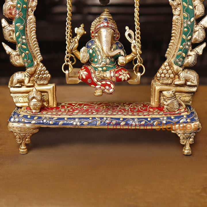 Brass Ganesh Jhula on Swing with Bell, stone work, 15"