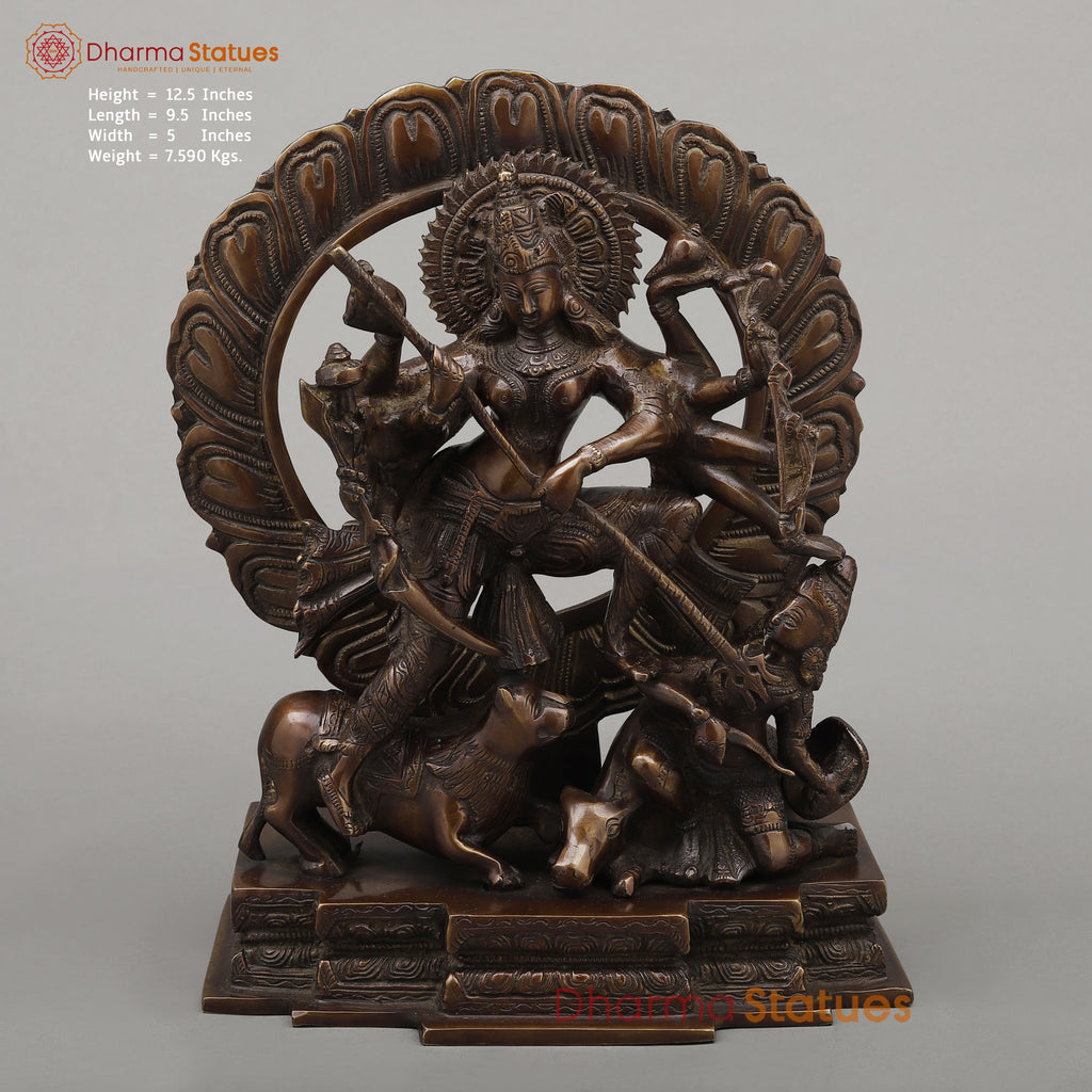 Brass Durga Mahishasur with Frame, Copper Finish, 12.5"