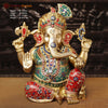 Brass Ganesh Sitting With Turban, Stone Work. 21" Front View