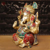 Brass Ganesh Sitting With Turban, Fine Stone Work 21"