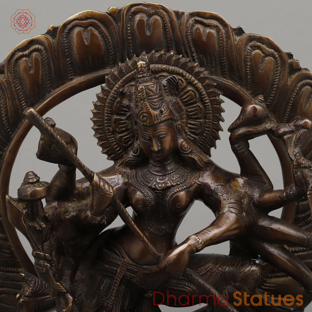 Brass Durga Mahishasur with Frame, Copper Finish, 12.5"