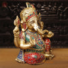 Brass Ganesh Sitting With Turban, Fine Stone Work 21"