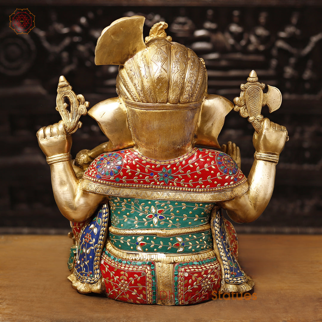 Brass Ganesh Sitting With Turban, Fine Stone Work 21"