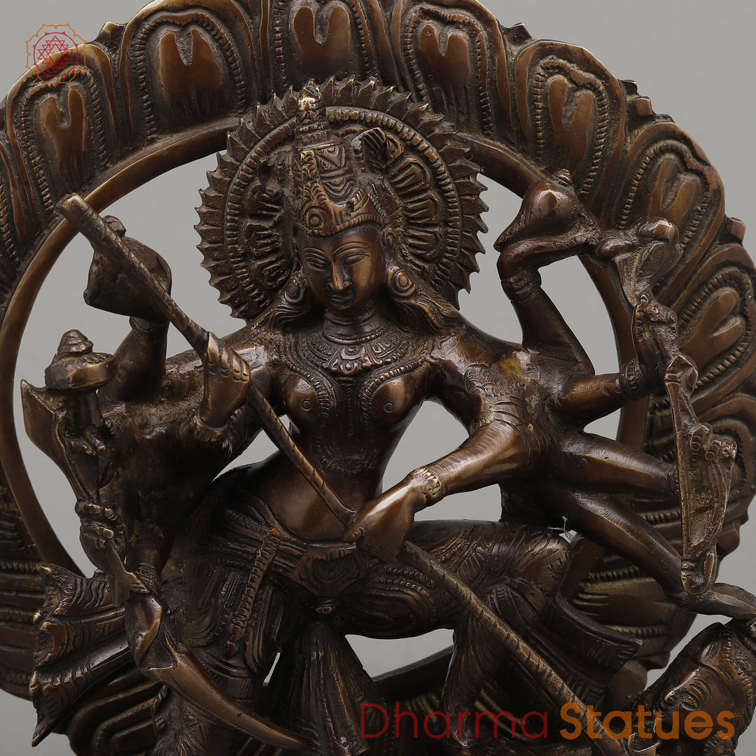 Brass Durga Mahishasur with Frame, Copper Finish, 12.5"