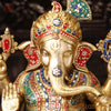 Brass Ganesh Sitting With Turban, Fine Stone Work 21"