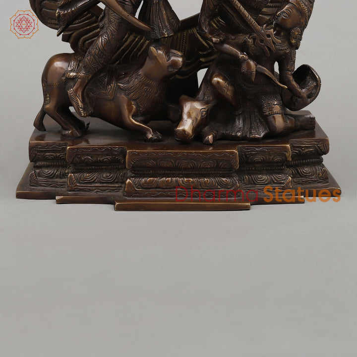 Brass Durga Mahishasur with Frame, Copper Finish, 12.5"