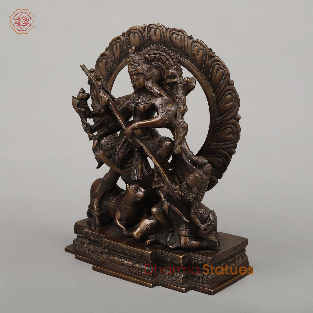 Brass Durga Mahishasur with Frame, Copper Finish, 12.5"