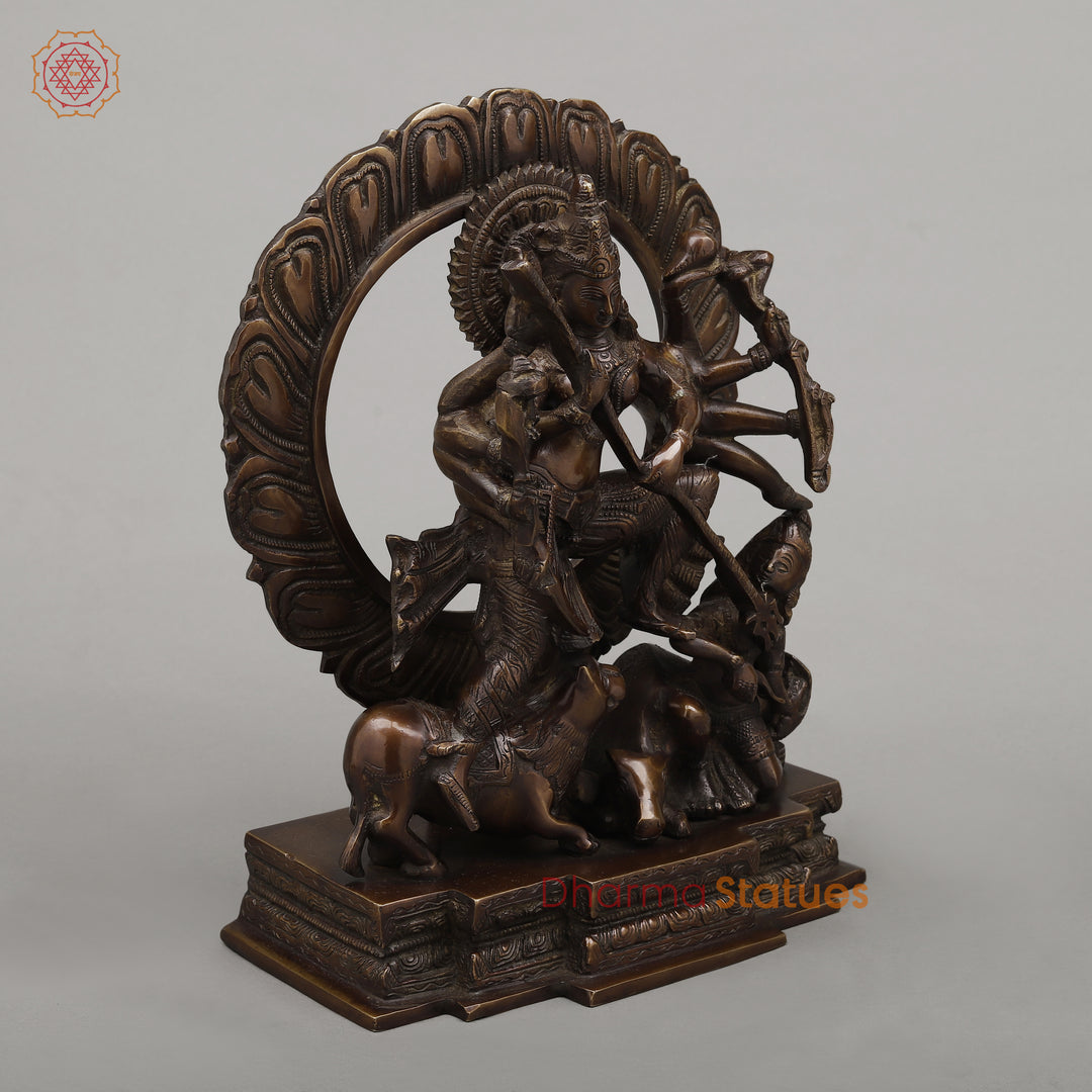 Brass Durga Mahishasur with Frame, Copper Finish, 12.5"