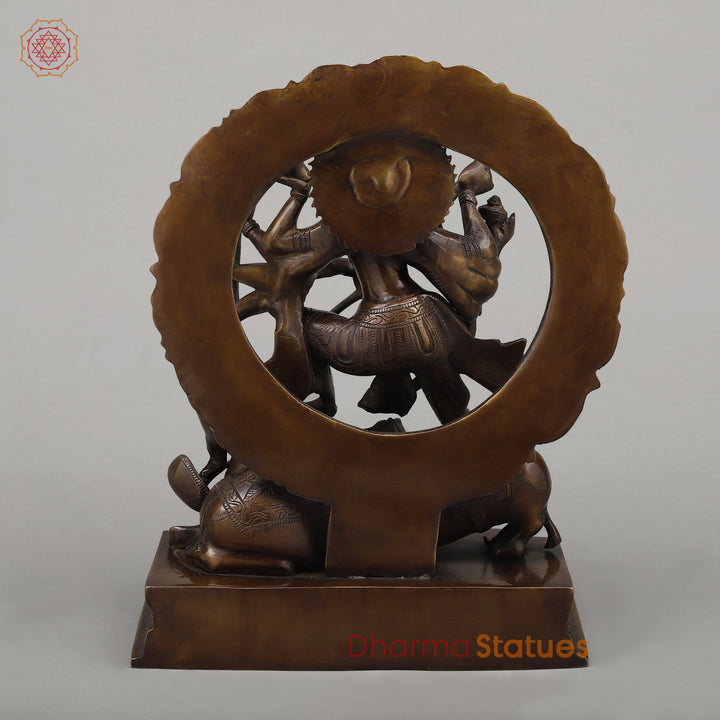 Brass Durga Mahishasur with Frame, Copper Finish, 12.5"