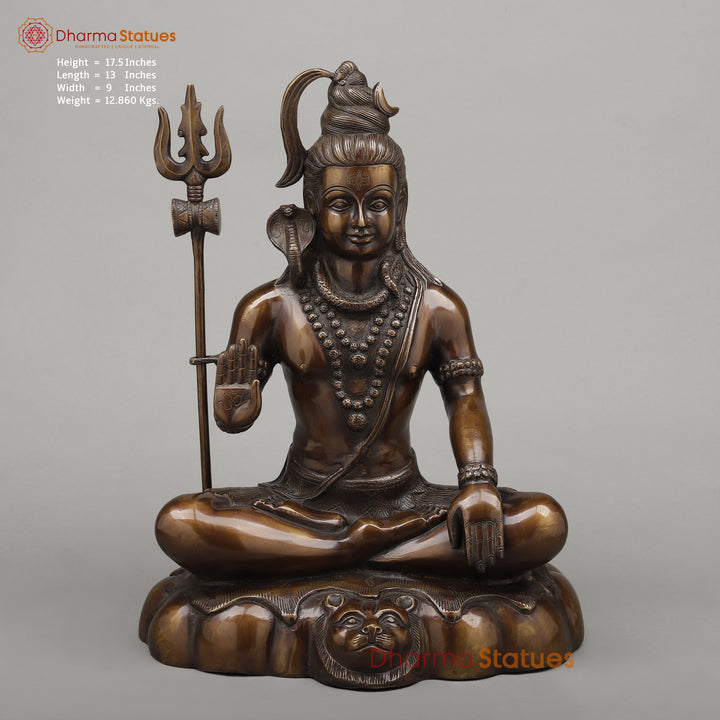 Brass Shiva Seated in Blessing Posture with Trishul, Copper Finish, 17.5"