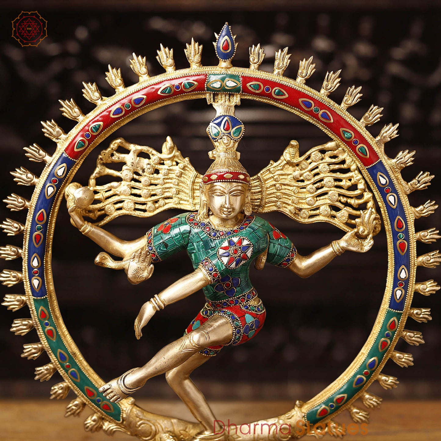 Brass Natraj Idol, Heritage Craftsmanship, Golden Glory with Stone work 16.5"