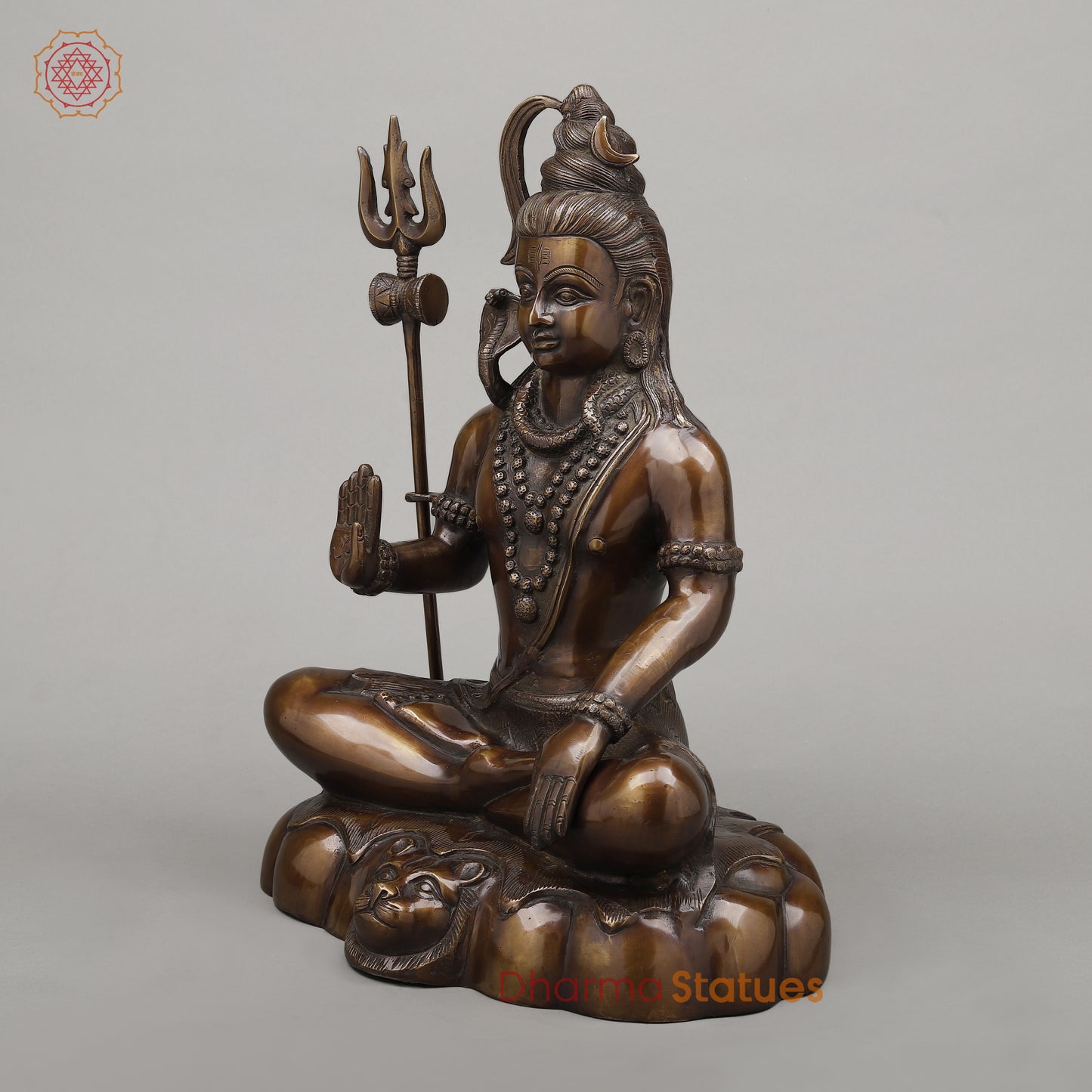 Brass Shiva Seated in Blessing Posture with Trishul, Copper Finish, 17.5"