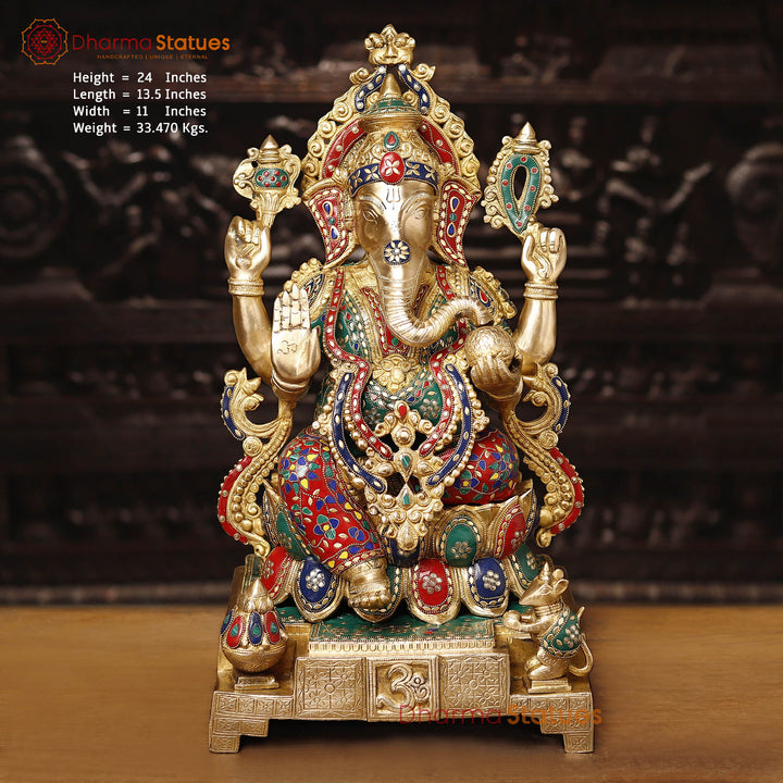Brass Ganesh Sitting on Chowki Pedestal With Fine(Stone Work) 24"