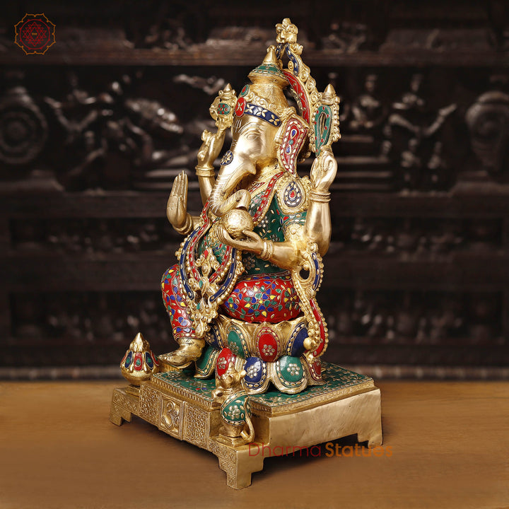 Brass Ganesh Sitting on Chowki Pedestal With Fine(Stone Work) 24"