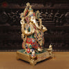 Brass Ganesh Sitting on Chowki Pedestal With Fine(Stone Work) 24"