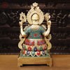 Brass Ganesh Sitting on Chowki Pedestal With Fine(Stone Work) 24"