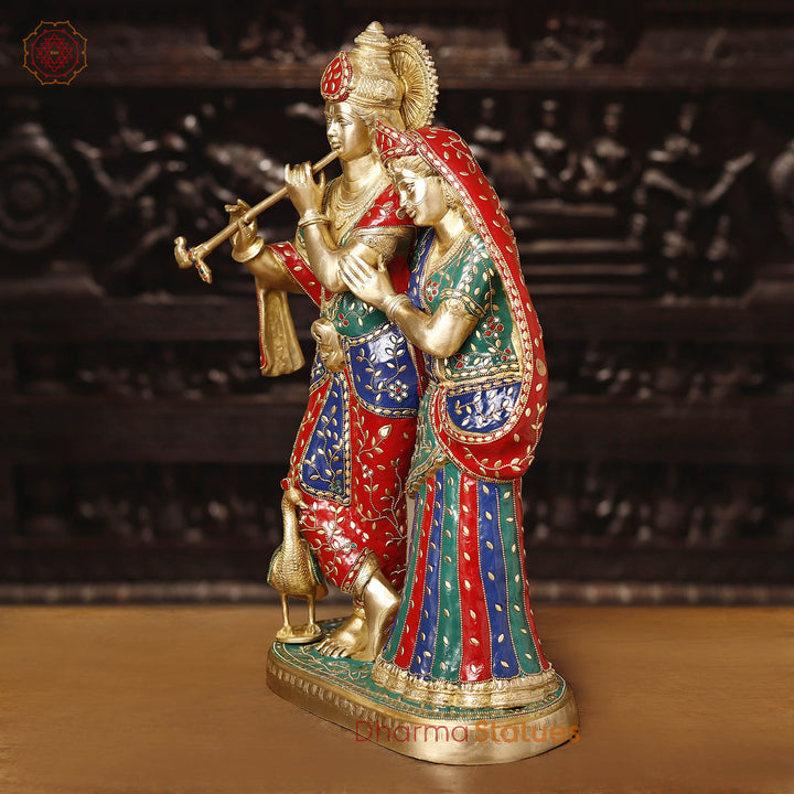 Brass Radha Krishna Statue, Celestial Love, Golden Finish & Stone Work, 23"