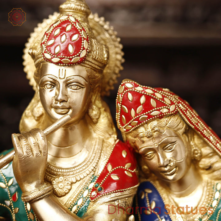 Brass Radha Krishna Statue, Celestial Love, Golden Finish & Stone Work, 23"