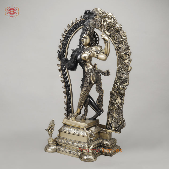 Brass Ardhanarishwara Standing with Frame, Shiv & Parvati as One, Deep Black & Smooth finish, 30"