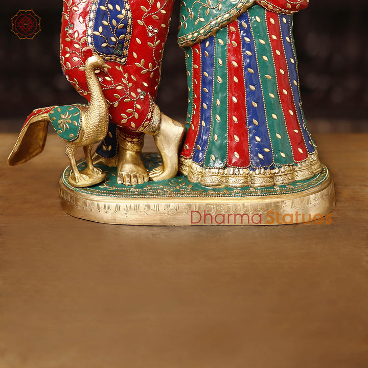 Brass Radha Krishna Statue, Celestial Love, Golden Finish & Stone Work, 23"