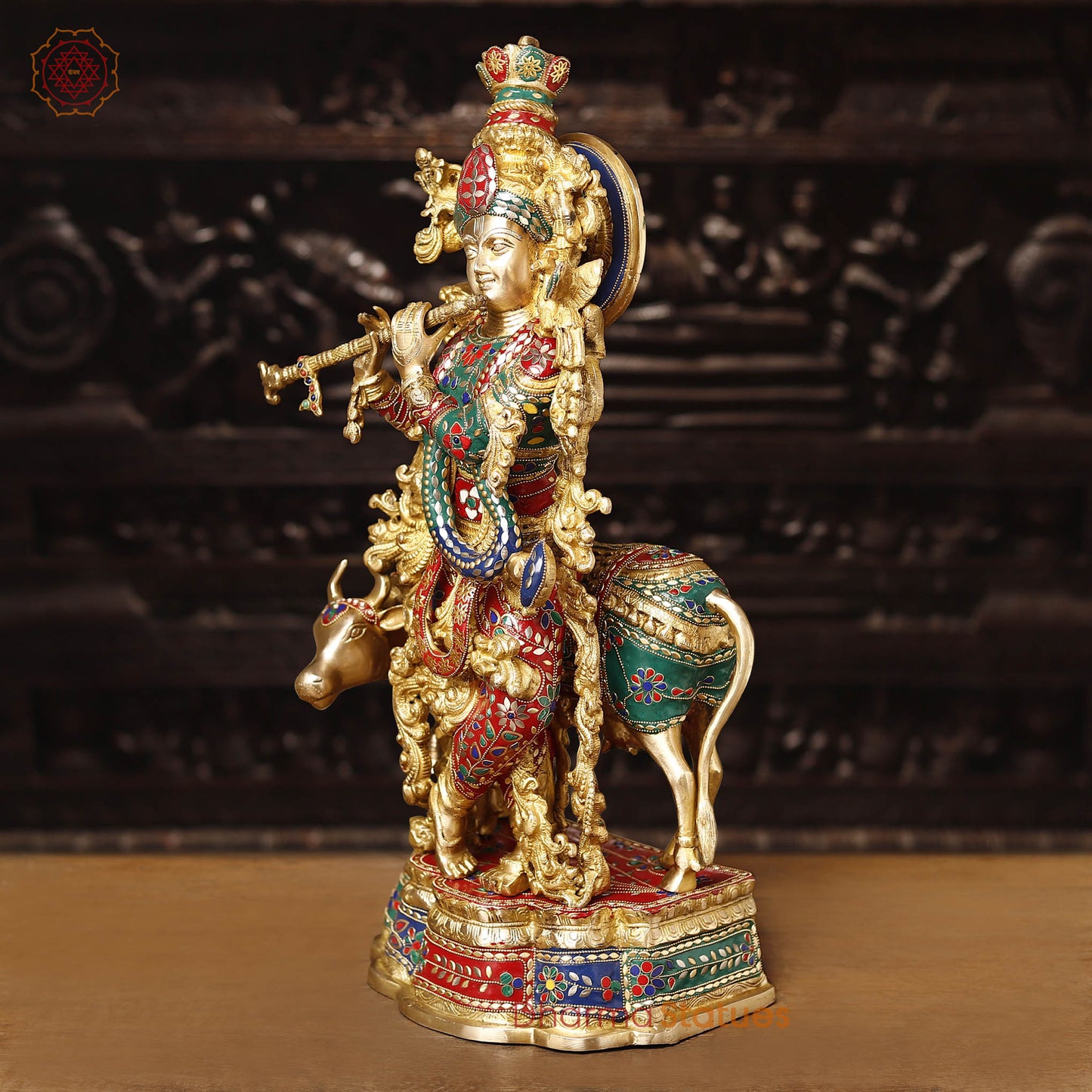 Brass Lord Krishna Idol with Cow, Playing Flute, Golden & Stone Work, 26"