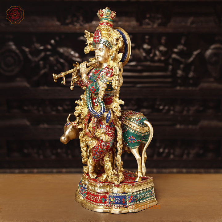 Brass Lord Krishna Idol with Cow, Playing Flute, Golden & Stone Work, 26"