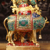 Brass Lord Krishna Idol with Cow, Playing Flute, Golden & Stone Work, 26"