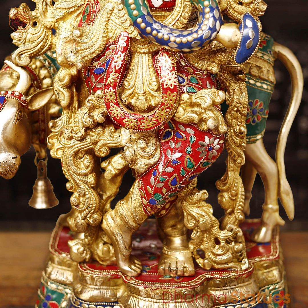 Brass Lord Krishna Idol with Cow, Playing Flute, Golden & Stone Work, 26"