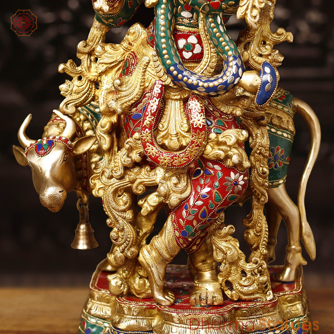 Brass Lord Krishna Idol with Cow, Playing Flute, Golden & Stone Work, 26"