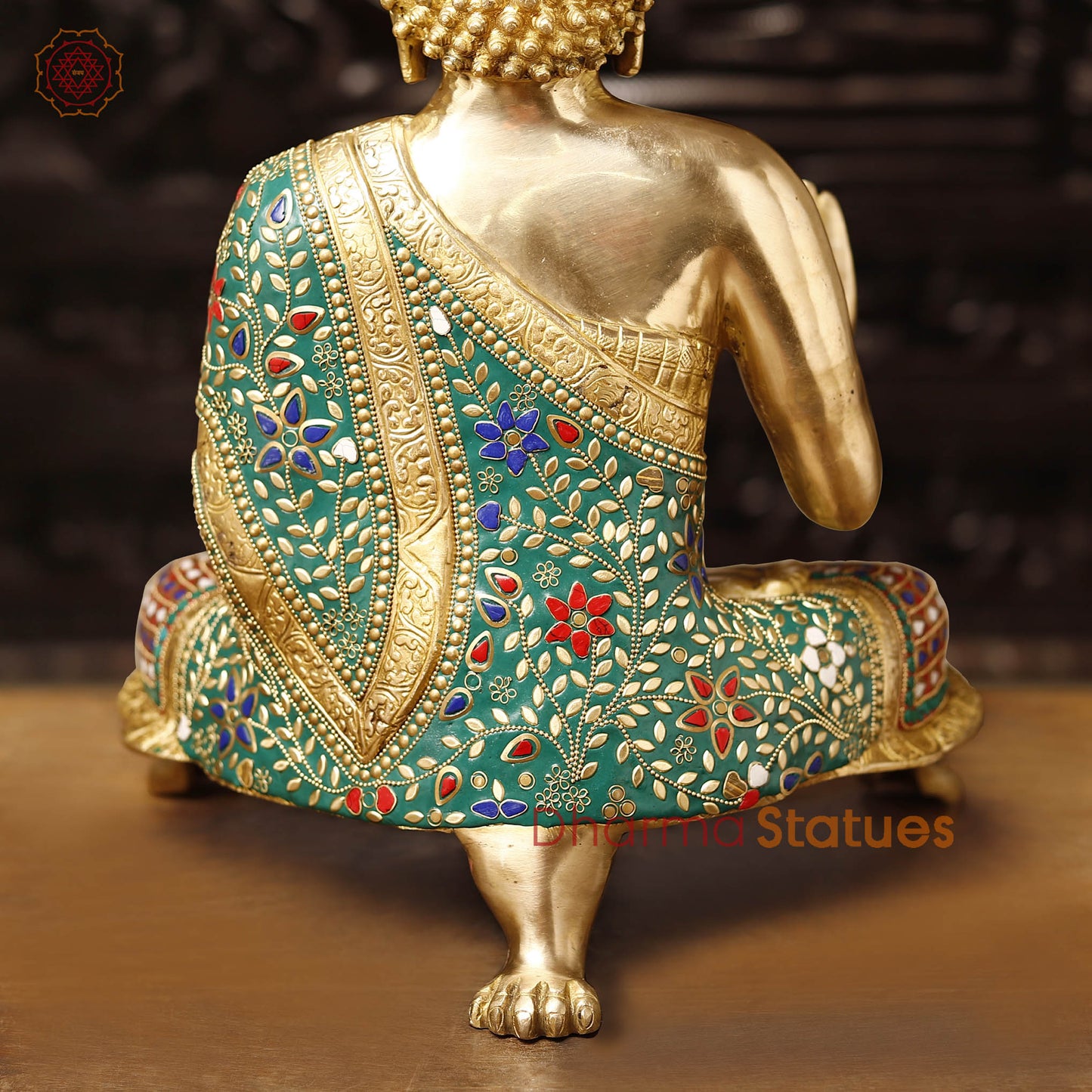 Brass Buddha Idol, Seated with Medicine Bowl, Fine Stone & Gold Finish 19"