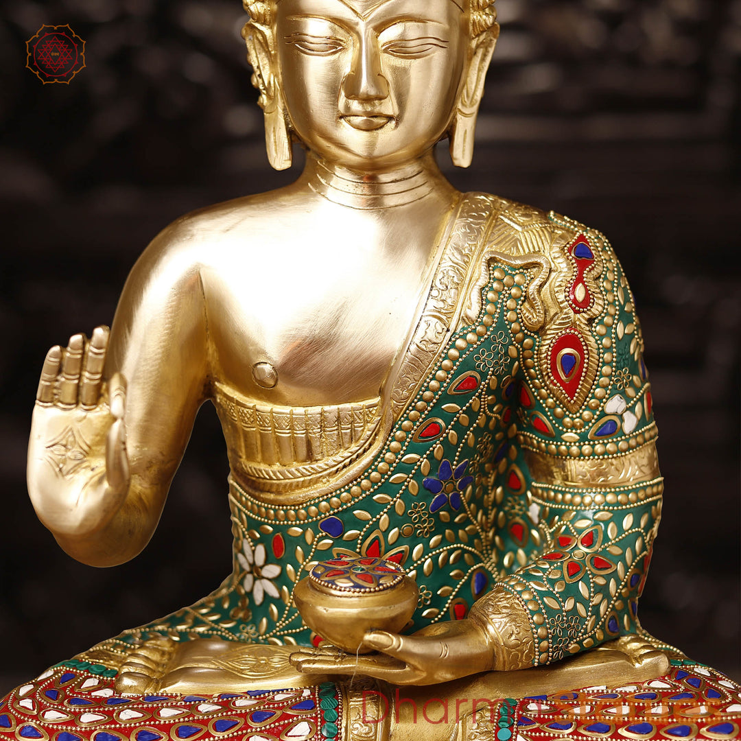 Brass Buddha Blessing with stone work 19"