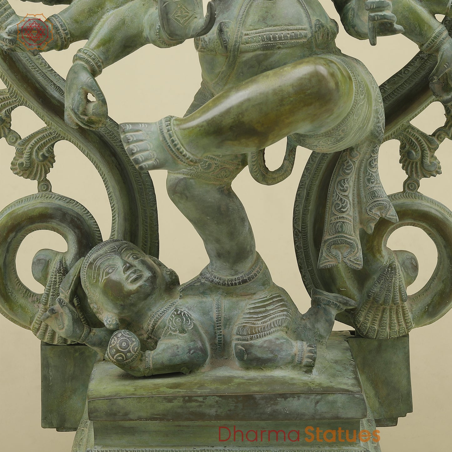 Brass Dancing Ganesh with Many Arms & Frame, Green Patina Finish, 25"