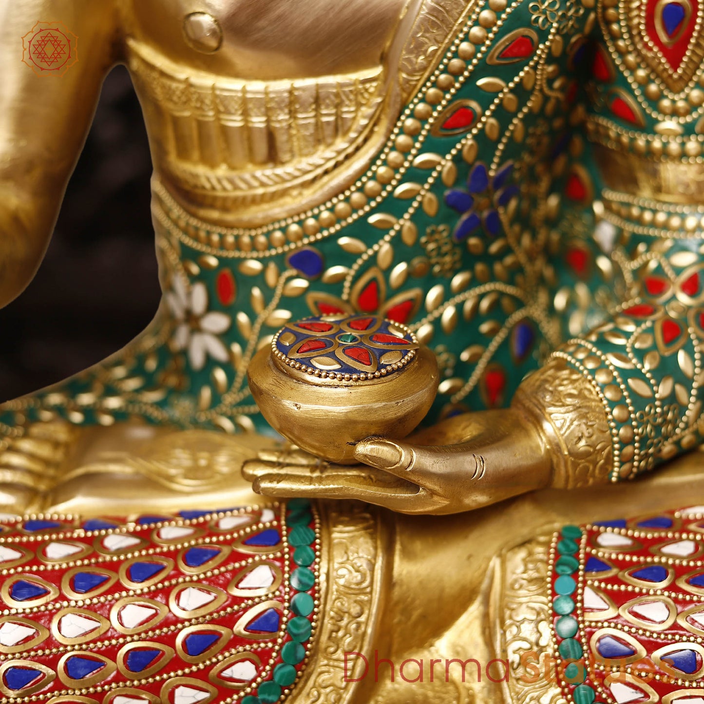 Brass Buddha Idol, Seated with Medicine Bowl, Fine Stone & Gold Finish 19"