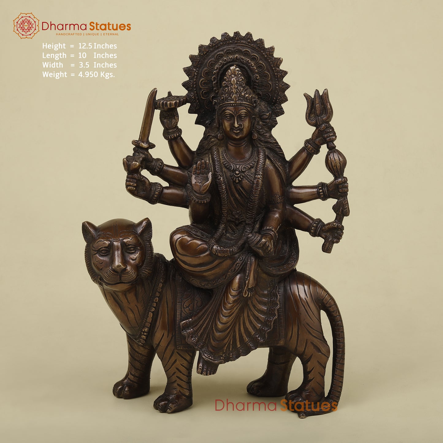 Brass Durga with 8 Arms, Copper Finish, 12.5"
