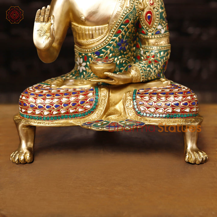 Brass Buddha Blessing with stone work 19"