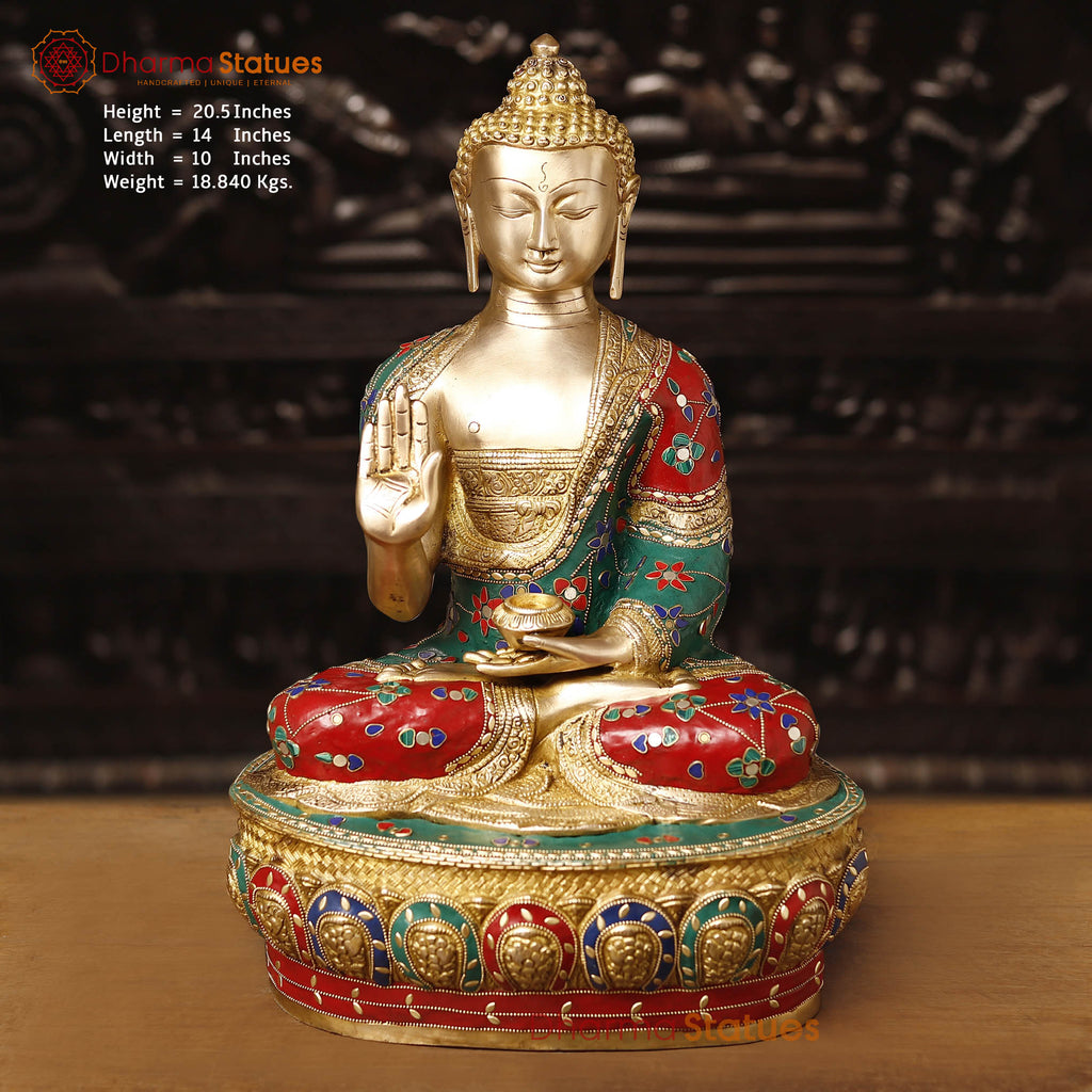 Brass Buddha Seated In Blessing Posture with Stone Work 20.5"